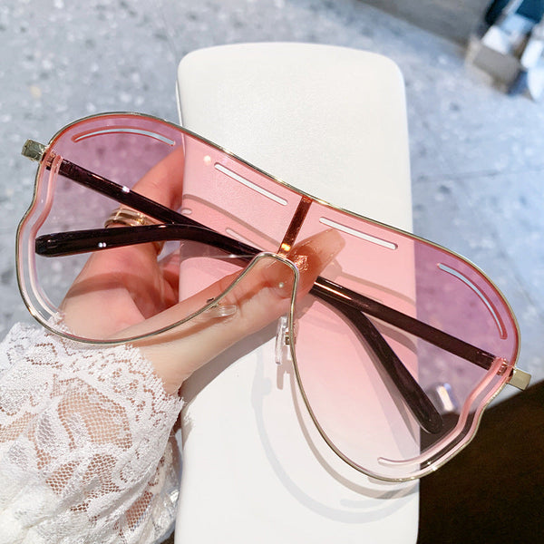 2 Pcs Gold Frame Double Pink Oversized Aviator With Unique Cutout Design Sunglasses