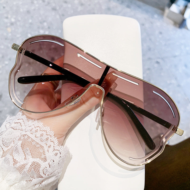 2 Pcs Gold Frame Double Tea Oversized Aviator With Unique Cutout Design Sunglasses