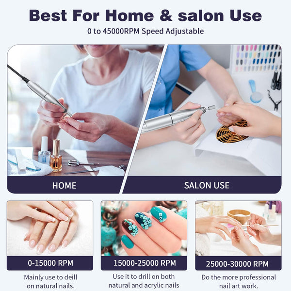 White 45000Rpm Rechargeable Nail Drill Portable Electric File For Manicure Pedicure Electric Files & Tools