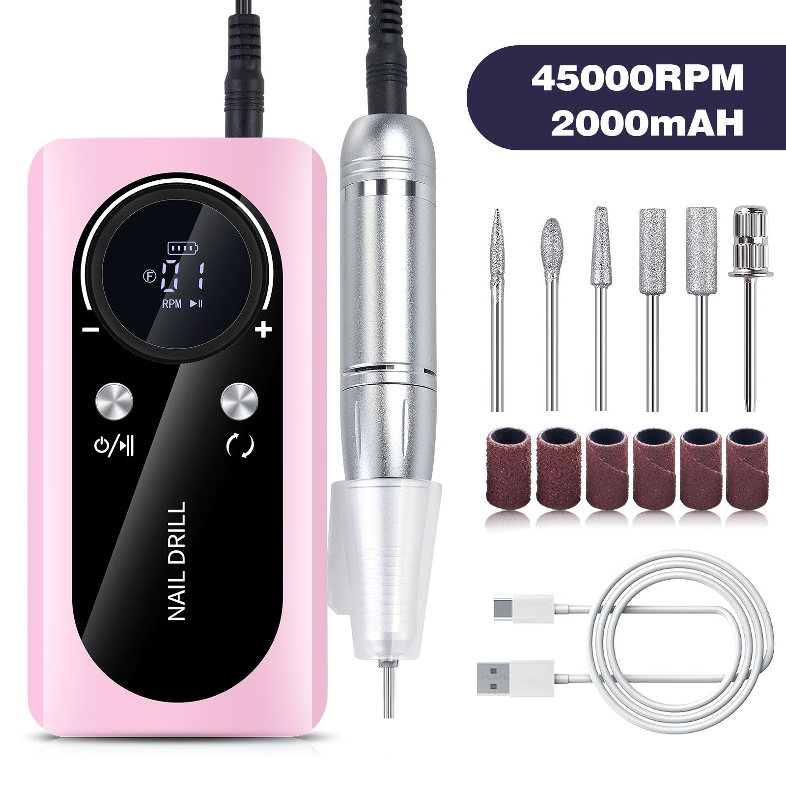 Pink 45000Rpm Rechargeable Nail Drill Portable Electric File For Manicure Pedicure Electric Files & Tools
