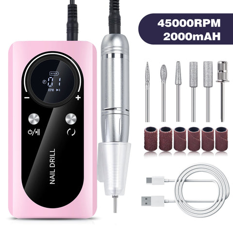 Pink 45000Rpm Rechargeable Nail Drill Portable Electric File For Manicure Pedicure Electric Files & Tools