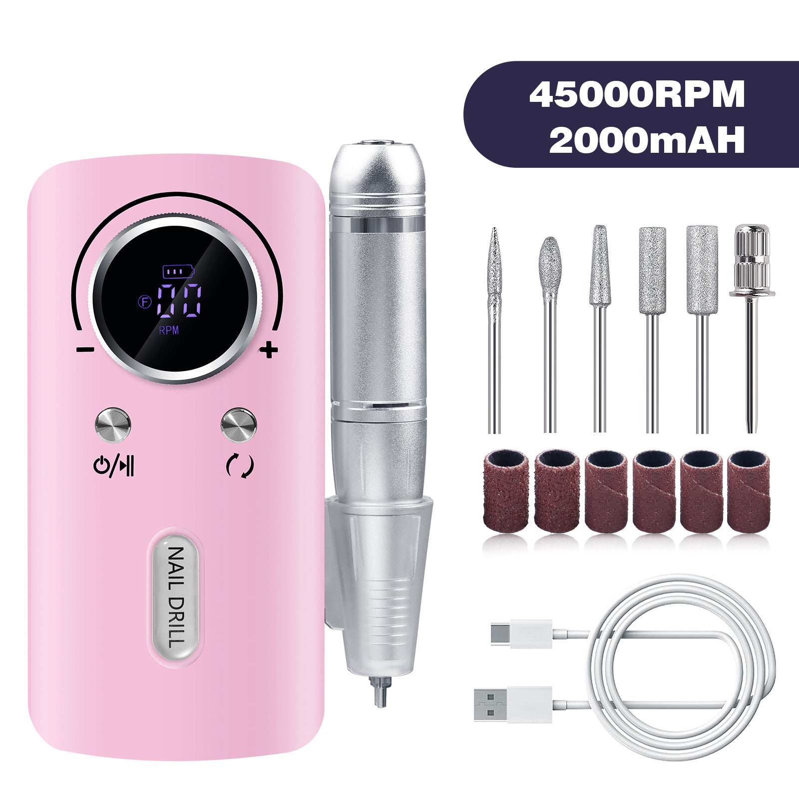 Pink Professional Electric Nail Drill 45000Rpm Rechargeable Grinder Polisher For Salon & Home Use Electric Files & Tools