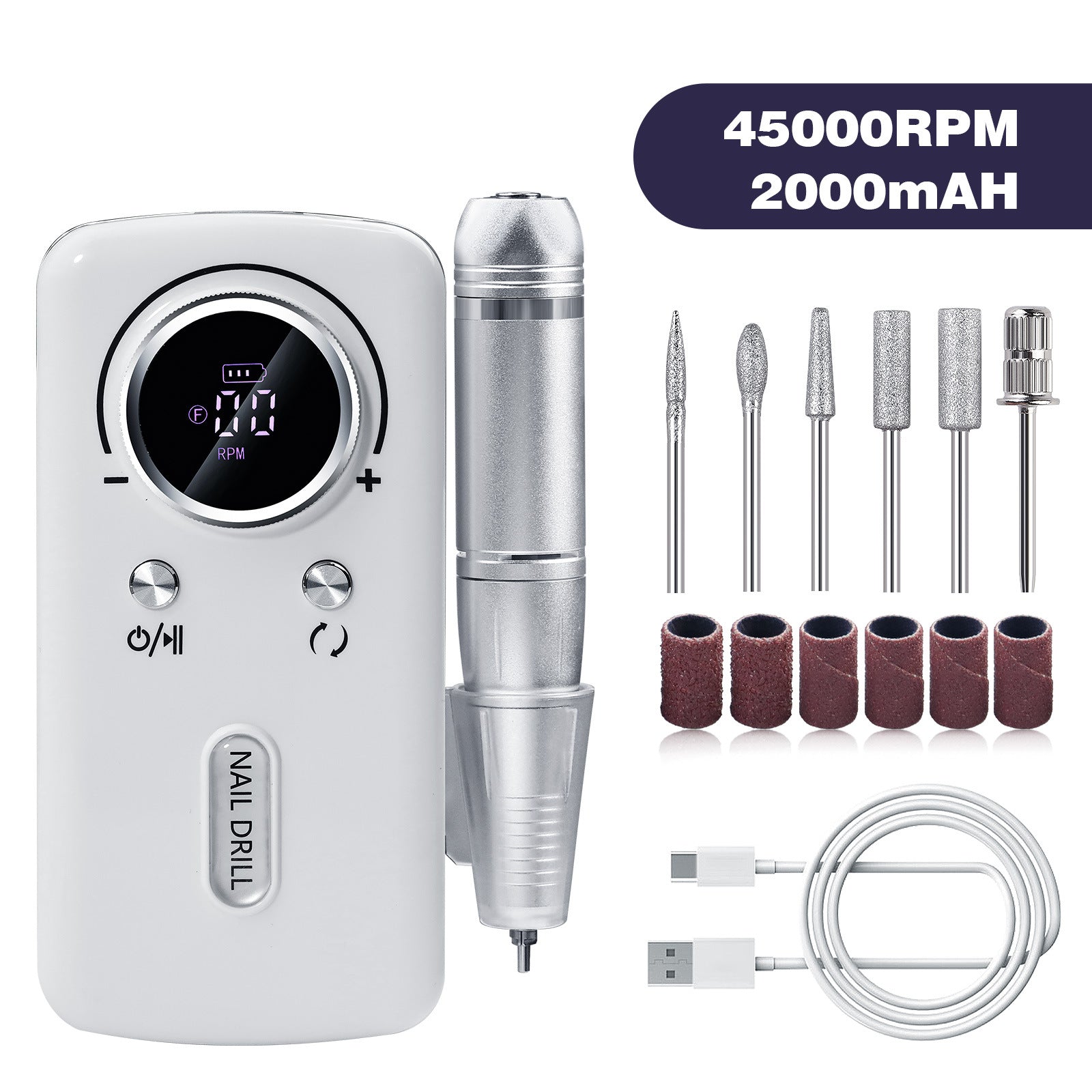 White Professional Electric Nail Drill 45000Rpm Rechargeable Grinder Polisher For Salon & Home Use Electric Files & Tools