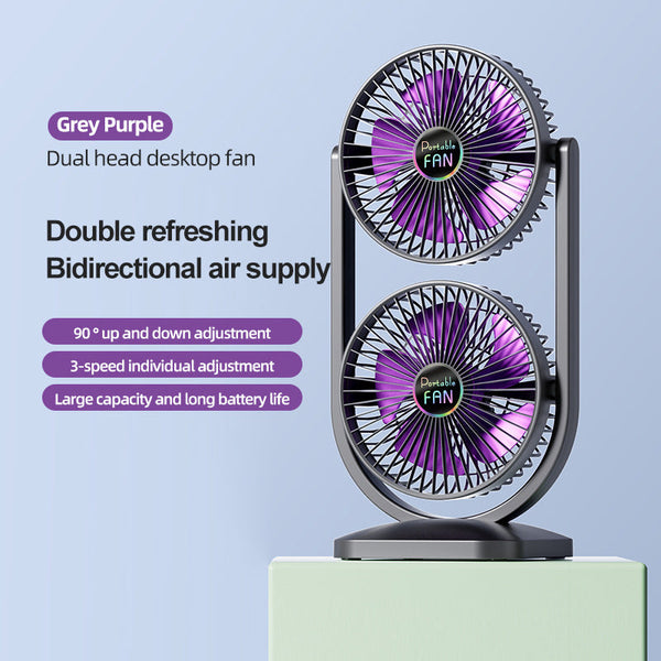 Purple Dual Head Usb Rechargeable Desk Fan Portable Double Air Circulator Portable Fans