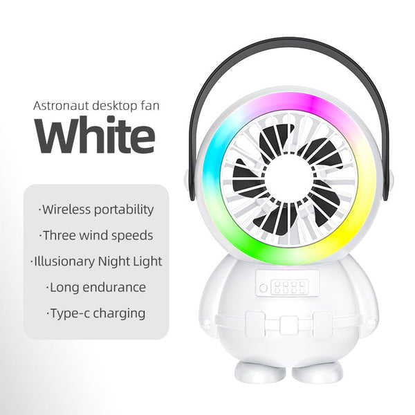 White Astronaut Portable Fan Usb Rechargeable Desk With Rgb Night Light Portable Fans