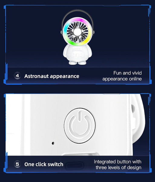 White Astronaut Portable Fan Usb Rechargeable Desk With Rgb Night Light Portable Fans