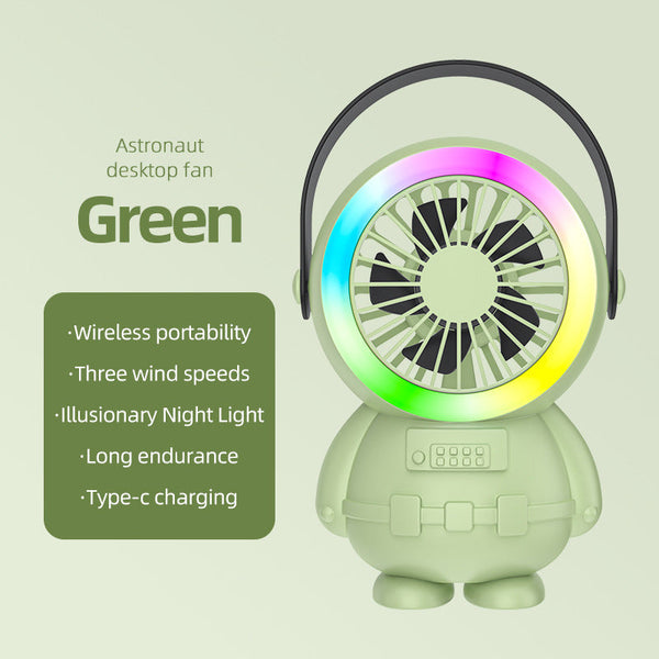 Green Astronaut Portable Fan Usb Rechargeable Desk With Rgb Night Light Portable Fans