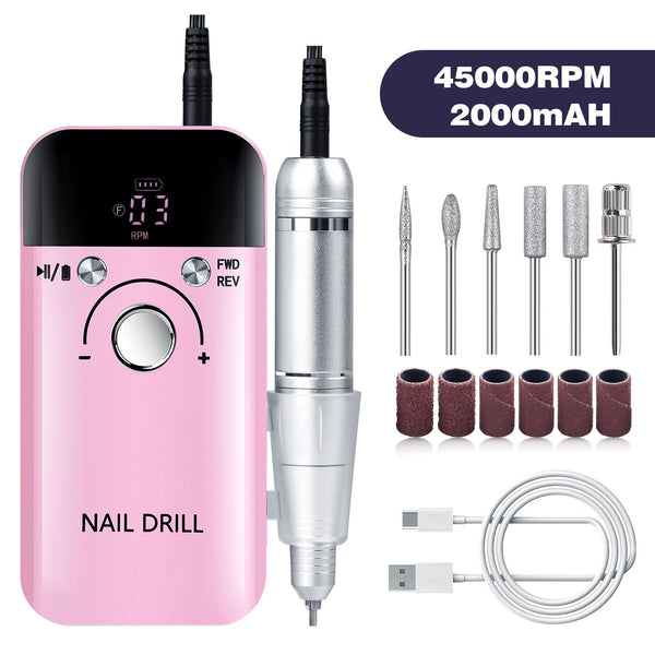 Pink High Speed Portable Nail Drill Set Electric File With 6 Bits Electric Files & Tools