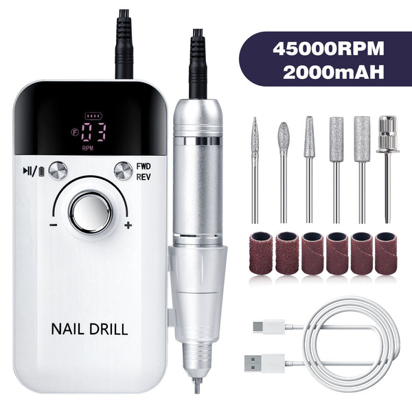 White High Speed Portable Nail Drill Set Electric File With 6 Bits Electric Files & Tools