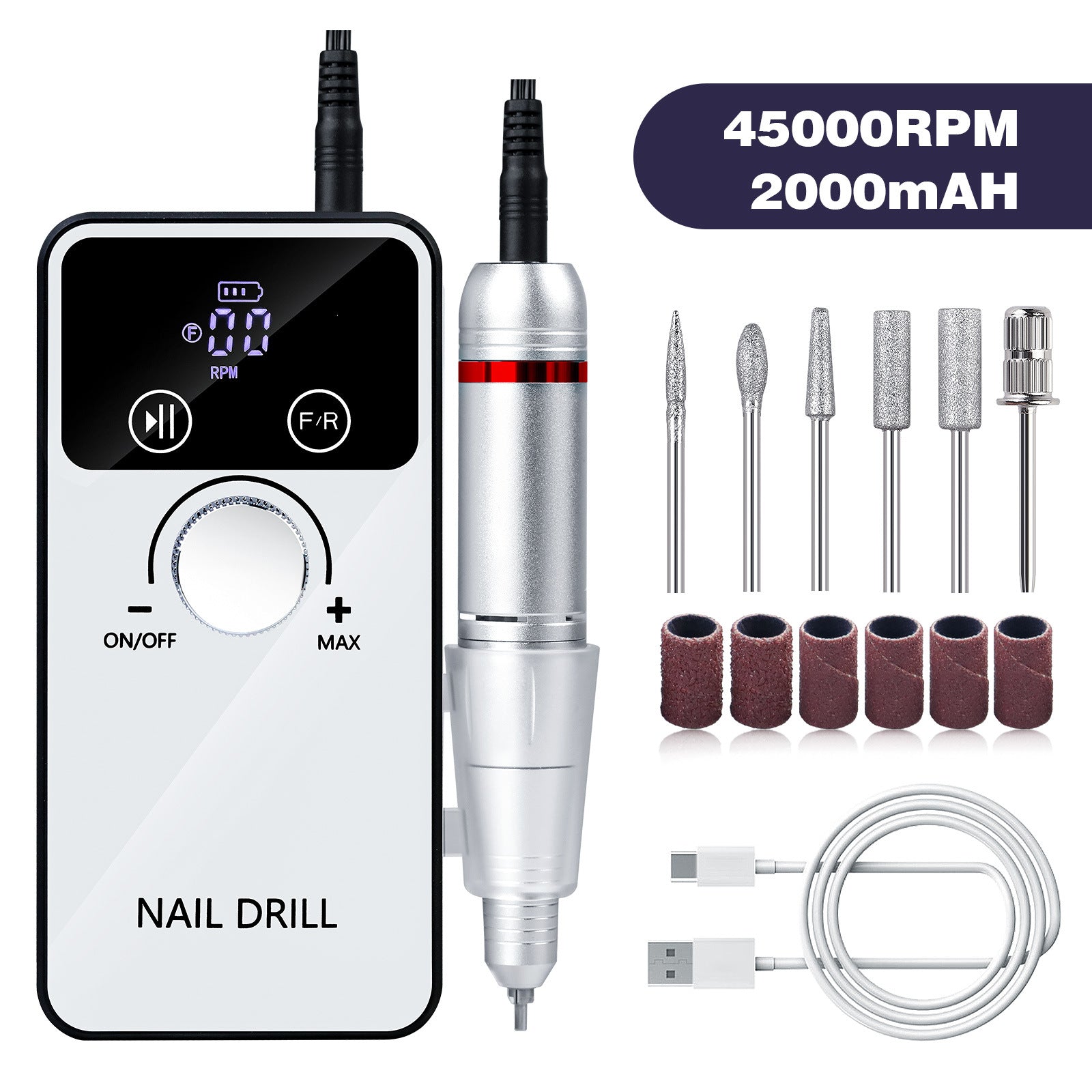 White Electric Nail Drill Rechargeable Speed Low Vibration Electric Files & Tools
