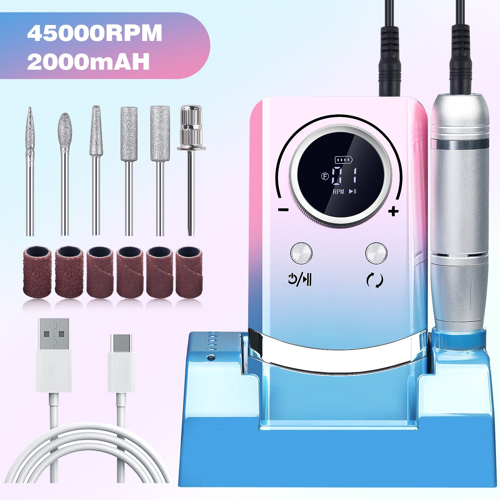 Pink+Blue Electric Nail Drill Rechargeable Speed Low Vibration Electric Files & Tools
