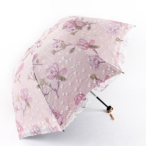 Pink Elegant Lace Parasol Uv Protection Sun & Rain Umbrella Tri Fold Design Umbrellas