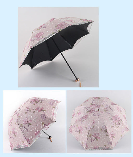 Pink Elegant Lace Parasol Uv Protection Sun & Rain Umbrella Tri Fold Design Umbrellas
