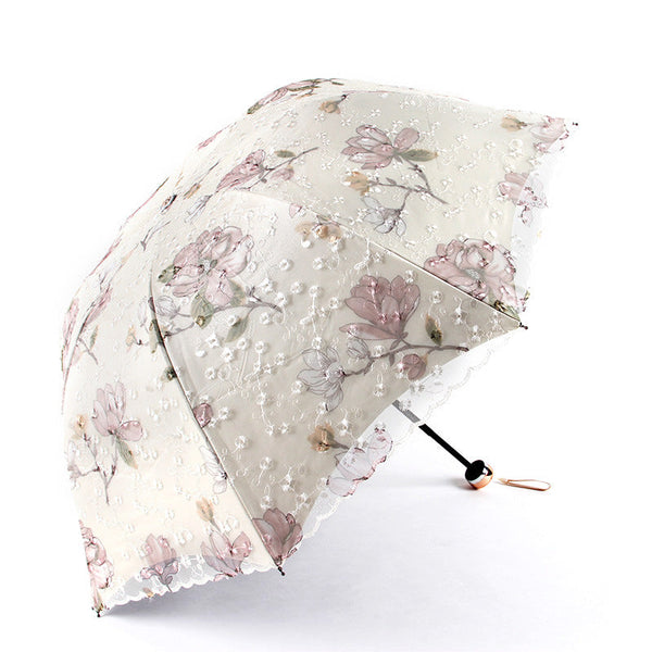 Apricot Yellow Elegant Lace Parasol Uv Protection Sun & Rain Umbrella Tri Fold Design Umbrellas