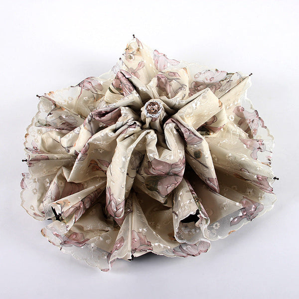 Apricot Yellow Elegant Lace Parasol Uv Protection Sun & Rain Umbrella Tri Fold Design Umbrellas