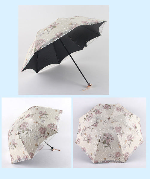 Apricot Yellow Elegant Lace Parasol Uv Protection Sun & Rain Umbrella Tri Fold Design Umbrellas