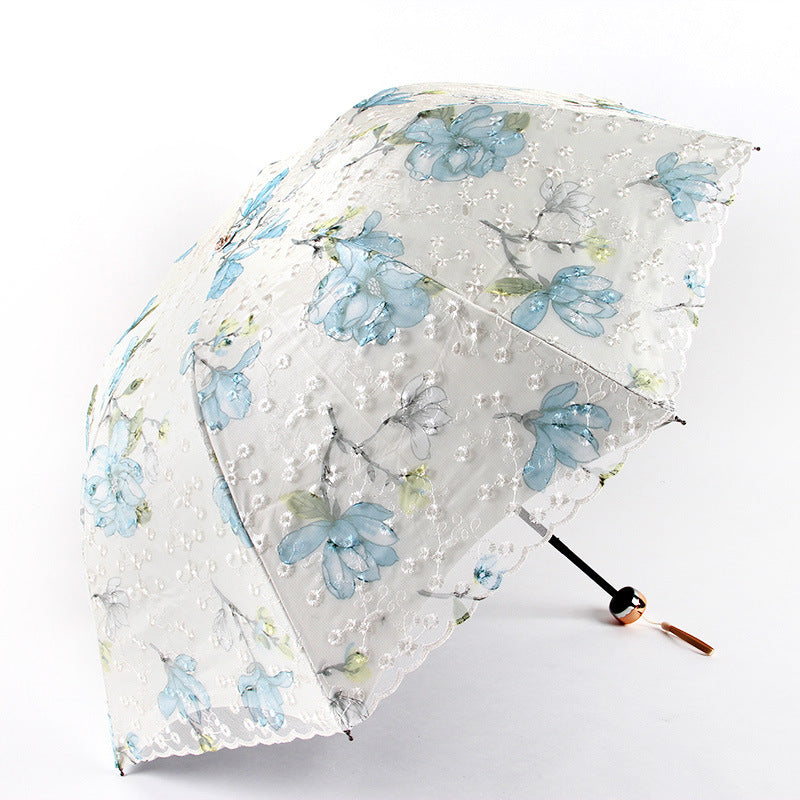 Water Blue Elegant Lace Parasol Uv Protection Sun Rain Umbrella Tri Fold Design Umbrellas