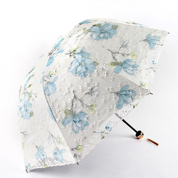 Water Blue Elegant Lace Parasol Uv Protection Sun Rain Umbrella Tri Fold Design Umbrellas