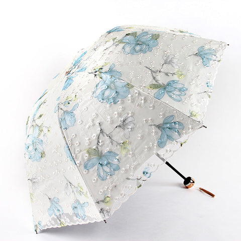 Water Blue Elegant Lace Parasol Uv Protection Sun Rain Umbrella Tri Fold Design Umbrellas