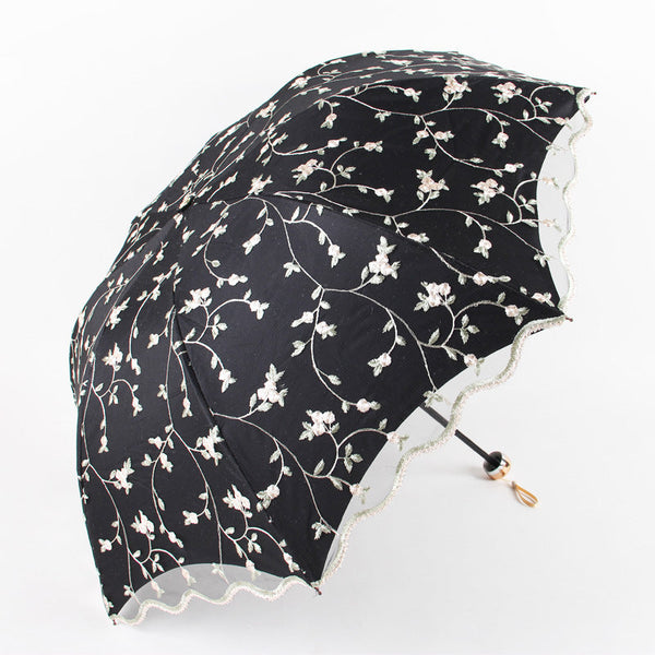 Ivy Black Elegant Lace Parasol Uv Protection Sun Rain Umbrella Tri Fold Design Umbrellas