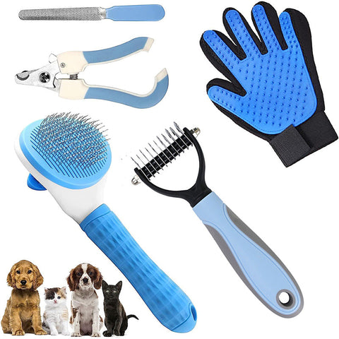 Blue 5 Piece Pet Grooming Kit Cat & Dog Brushes Nail Clippers More Dog Grooming