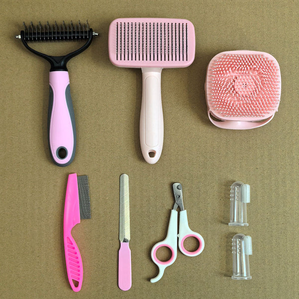 Pink 8 Piece Pet Grooming Tool Set Brushes Nail Clippers & More Dog Grooming