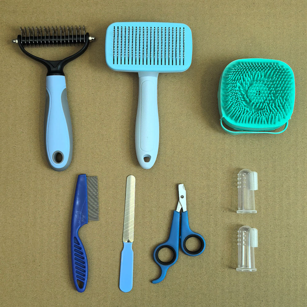 Blue 8 Piece Pet Grooming Tool Set Brushes Nail Clippers & More Dog Grooming