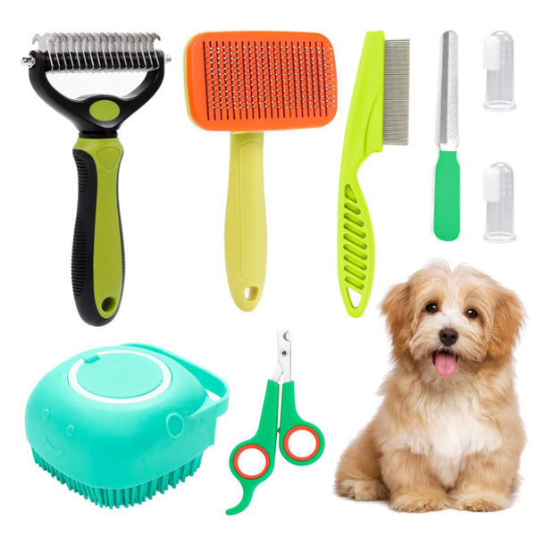 Green 8 Piece Pet Grooming Tool Set Brushes Nail Clippers & More Dog Grooming