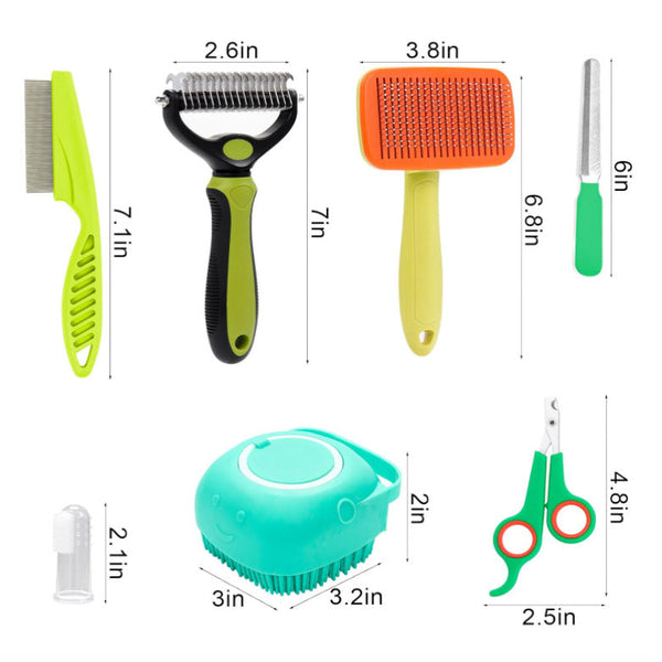 Green 8 Piece Pet Grooming Tool Set Brushes Nail Clippers & More Dog Grooming