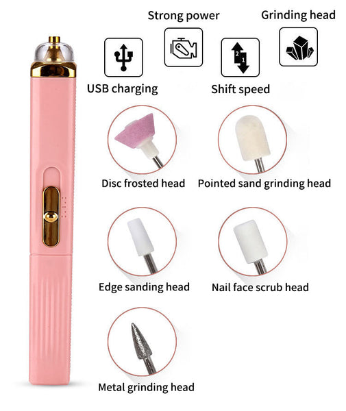 White Mini Electric Nail Polisher Usb Charging With 5 Grinding Heads Electric Files & Tools