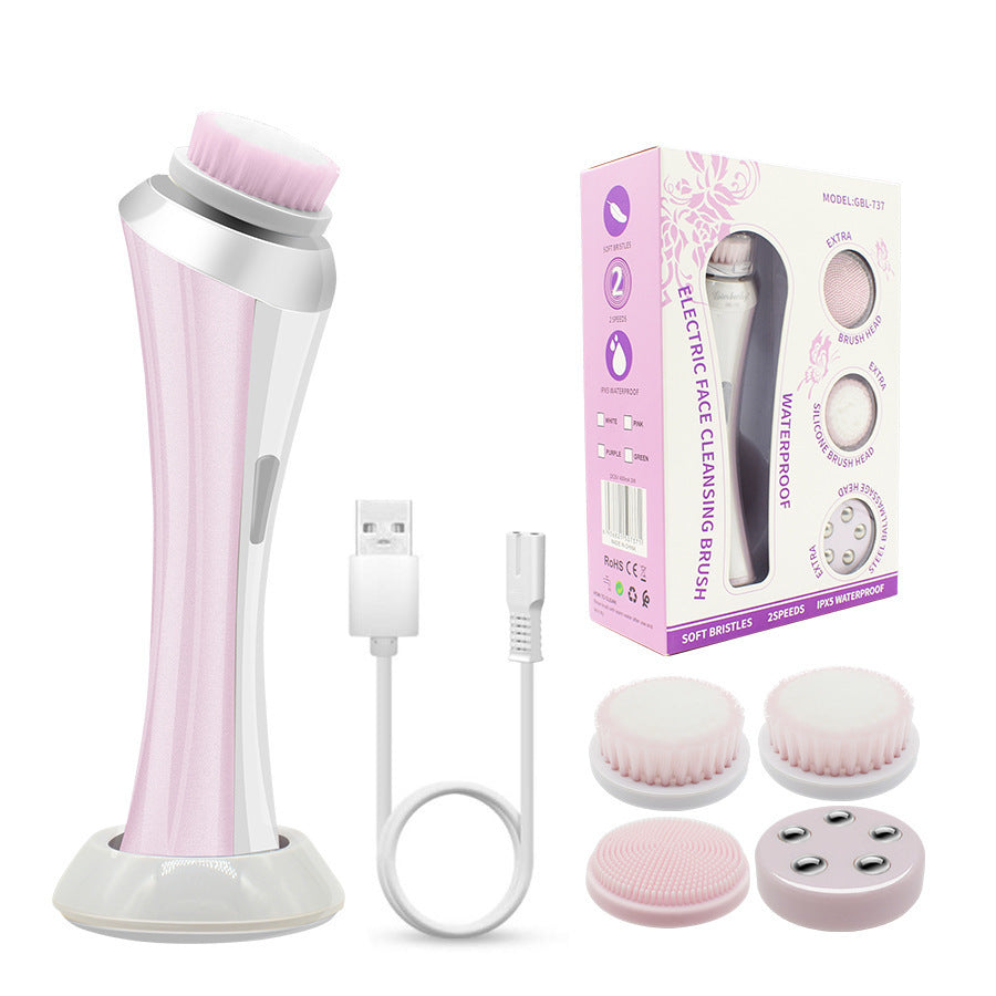 Pink Rechargeable Facial Cleansing Brush Kit With 4 Heads & Charging Dock Facial Cleansing Devices