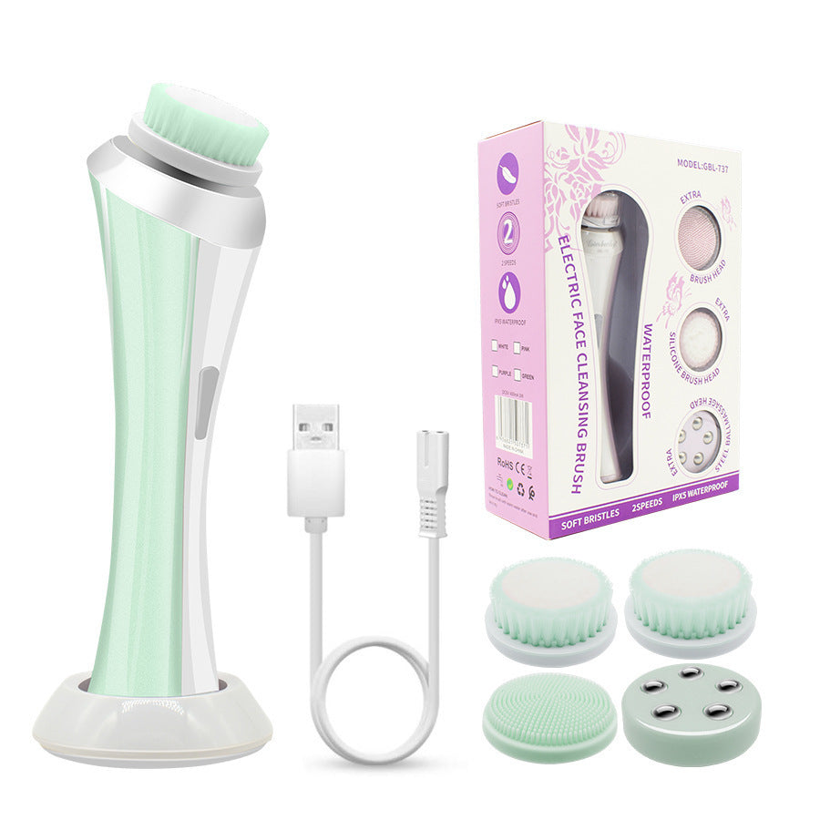 Green Rechargeable Facial Cleansing Brush Kit With 4 Heads And Charging Dock Facial Cleansing Devices