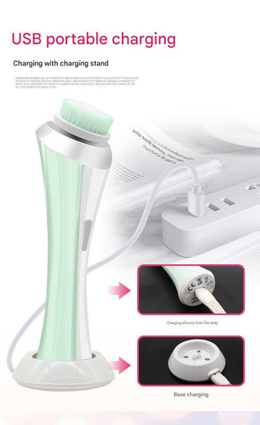 Green Rechargeable Facial Cleansing Brush Kit With 4 Heads And Charging Dock Facial Cleansing Devices