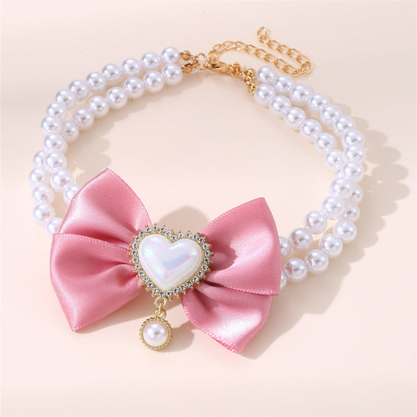 2 Pcs Cute Pet Pearl Necklace Collar With Pink Bow And Heart Charm Size Dog Collars
