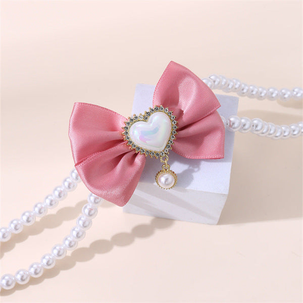 2 Pcs Cute Pet Pearl Necklace Collar With Pink Bow And Heart Charm Size Dog Collars