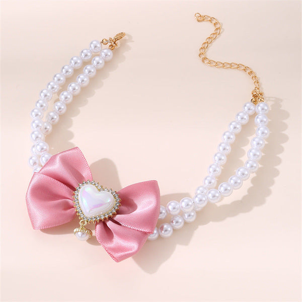 2 Pcs Cute Pet Pearl Necklace Collar With Pink Bow And Heart Charm Size Dog Collars