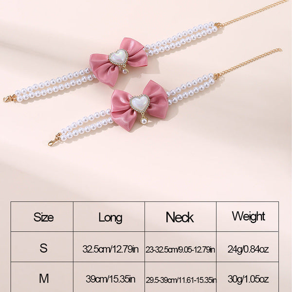 2 Pcs Cute Pet Pearl Necklace Collar With Pink Bow And Heart Charm Size Dog Collars
