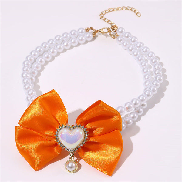 2 Pcs Cute Pet Pearl Necklace Collar With Orange Bow And Heart Charm Size Dog Collars