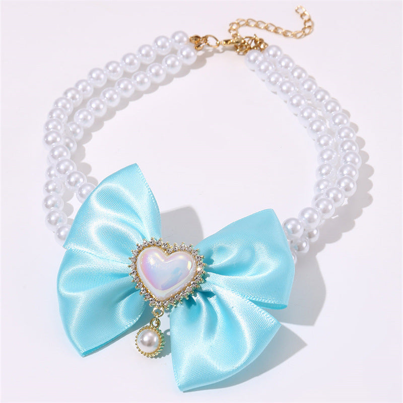 2 Pcs Cute Pet Pearl Necklace Collar With Blue Bow And Heart Charm Size Dog Collars