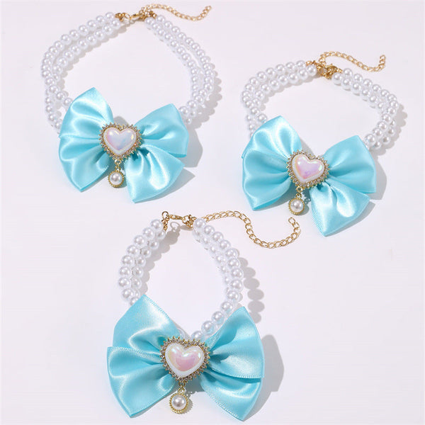 2 Pcs Cute Pet Pearl Necklace Collar With Blue Bow And Heart Charm Size Dog Collars