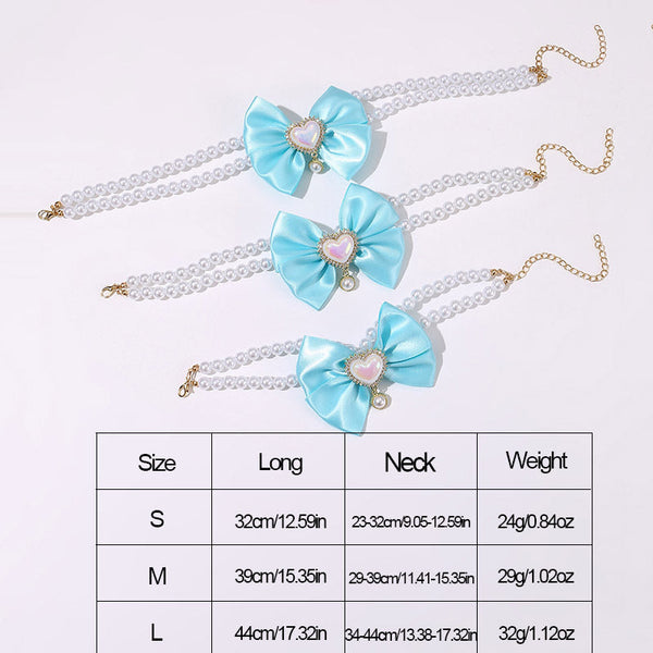 2 Pcs Cute Pet Pearl Necklace Collar With Blue Bow And Heart Charm Size Dog Collars