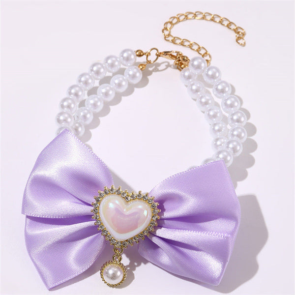 2 Pcs Cute Pet Pearl Necklace Collar With Purple Bow And Heart Charm Size Dog Collars