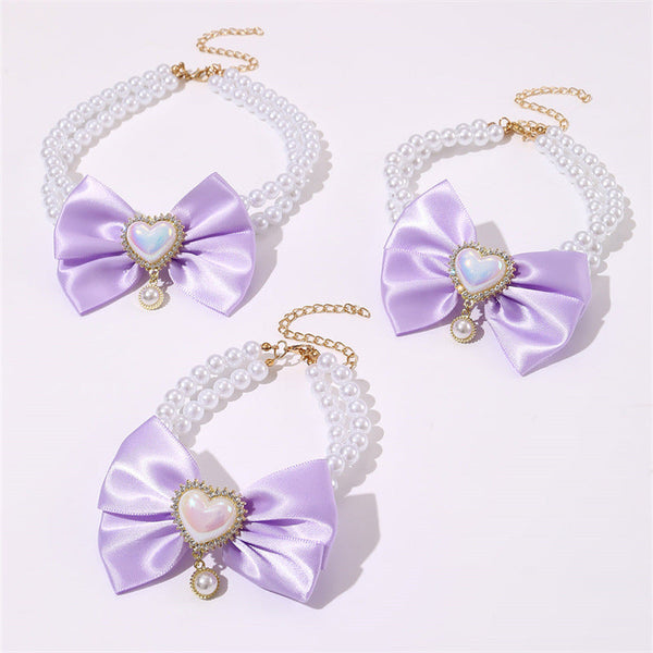 2 Pcs Cute Pet Pearl Necklace Collar With Purple Bow And Heart Charm Size Dog Collars