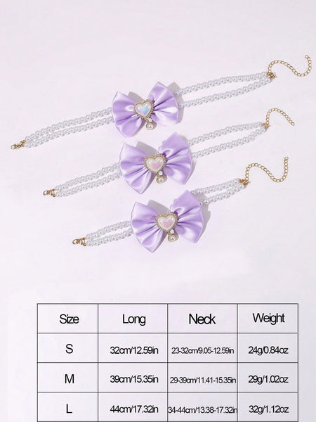 2 Pcs Cute Pet Pearl Necklace Collar With Purple Bow And Heart Charm Size Dog Collars