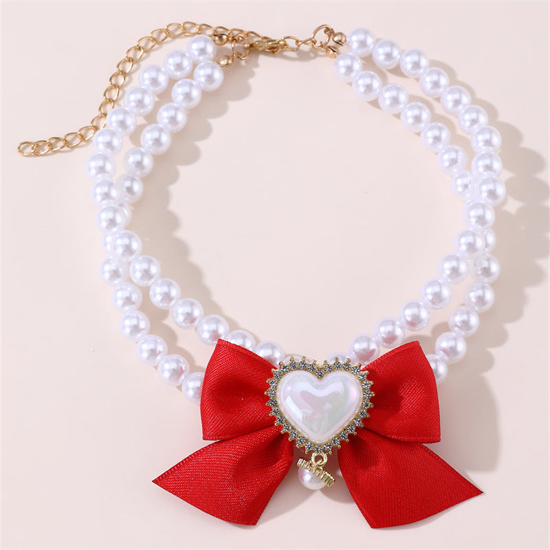 2 Pcs Cute Pet Pearl Necklace Collar With Red Bow And Heart Charm Size Dog Collars