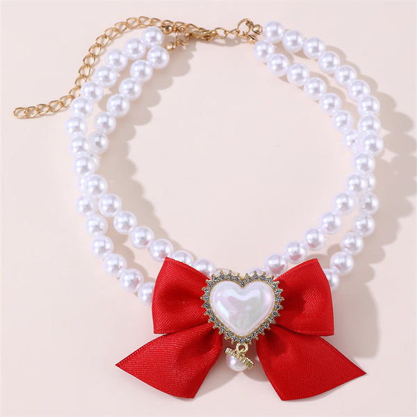 2 Pcs Cute Pet Pearl Necklace Collar With Red Bow And Heart Charm Size Dog Collars