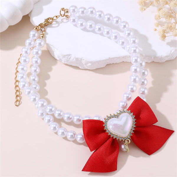 2 Pcs Cute Pet Pearl Necklace Collar With Red Bow And Heart Charm Size Dog Collars