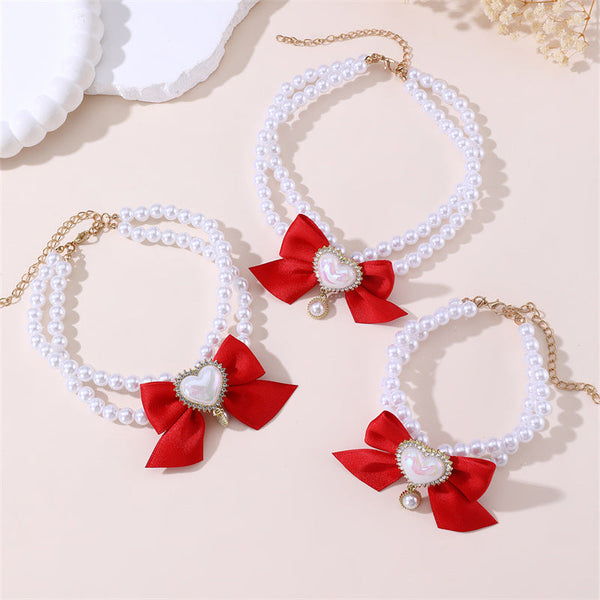 2 Pcs Cute Pet Pearl Necklace Collar With Red Bow And Heart Charm Size Dog Collars