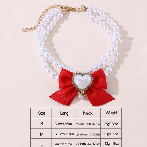 2 Pcs Cute Pet Pearl Necklace Collar With Red Bow And Heart Charm Size Dog Collars