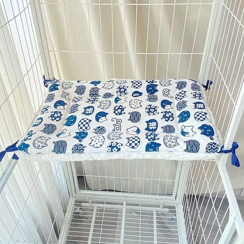 Tie On Cat Cage Platform Pad Blue Pattern White Background (30X50cm) Cat Houses